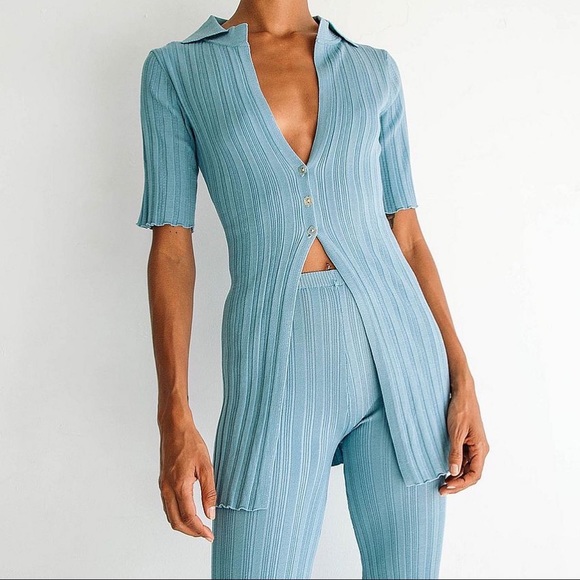 The Line by K Blue Ribbed Polo Shirt and Flared Pant Set - Picture 4 of 4